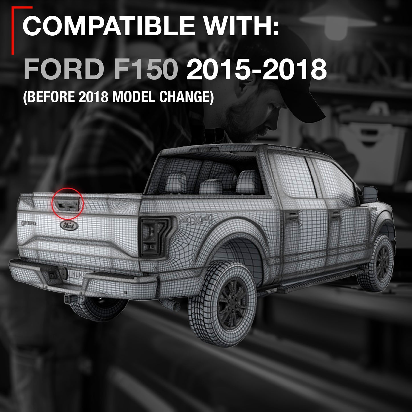 T1A Tailgate Handle Assembly, Upgraded Metal - Compatible with 2015-2018 (Before Model Change) Ford F-150 - Liftgate Latch Handle - Textured Black w/LED Hole, No Camera Hole OEM FL3Z-9943400-HA, 97695