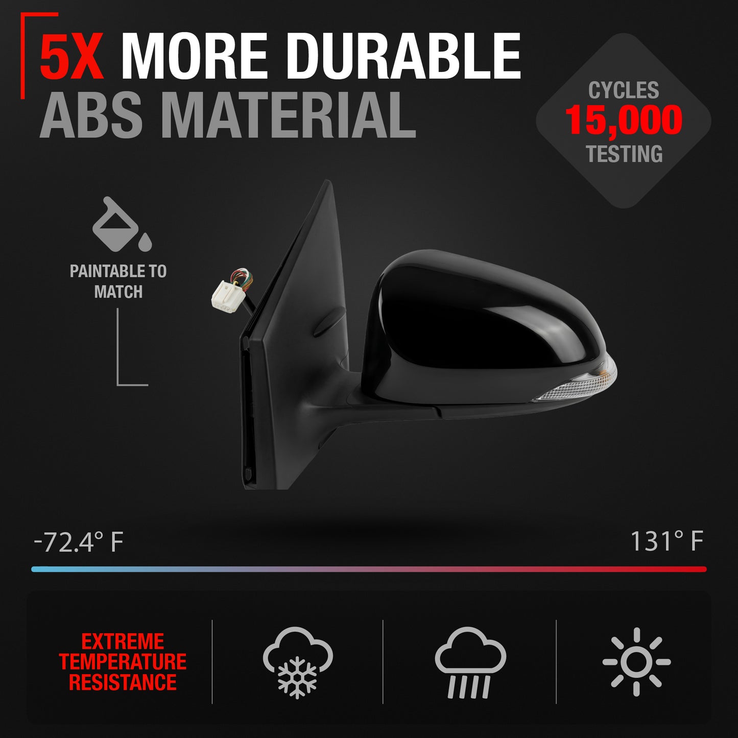 Driver Side Heated Side View Mirror with Integrated Turn Signal - Compatible with 2014-2019 Toyota Corolla - Power Heated, Turn Signal, Manual Folding - Paintable Textured Black - OEM 8794002F51C0 - Driver Side Mirror