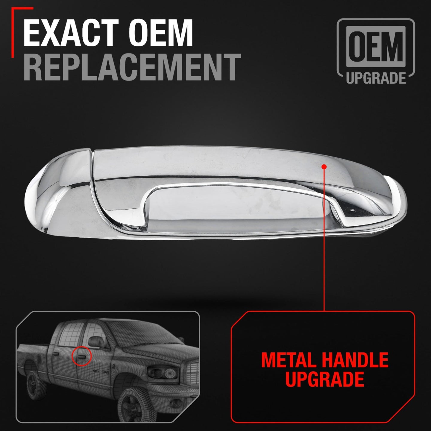 2002-2009 Dodge Ram 1500 2500 3500 4500 5500; 2005-2010 Dodge Dakota; 2004-2009 Dodge Durango Exterior Front Passenger Door Handle, Upgraded Metal - All Chrome - Front Passenger Side Handle