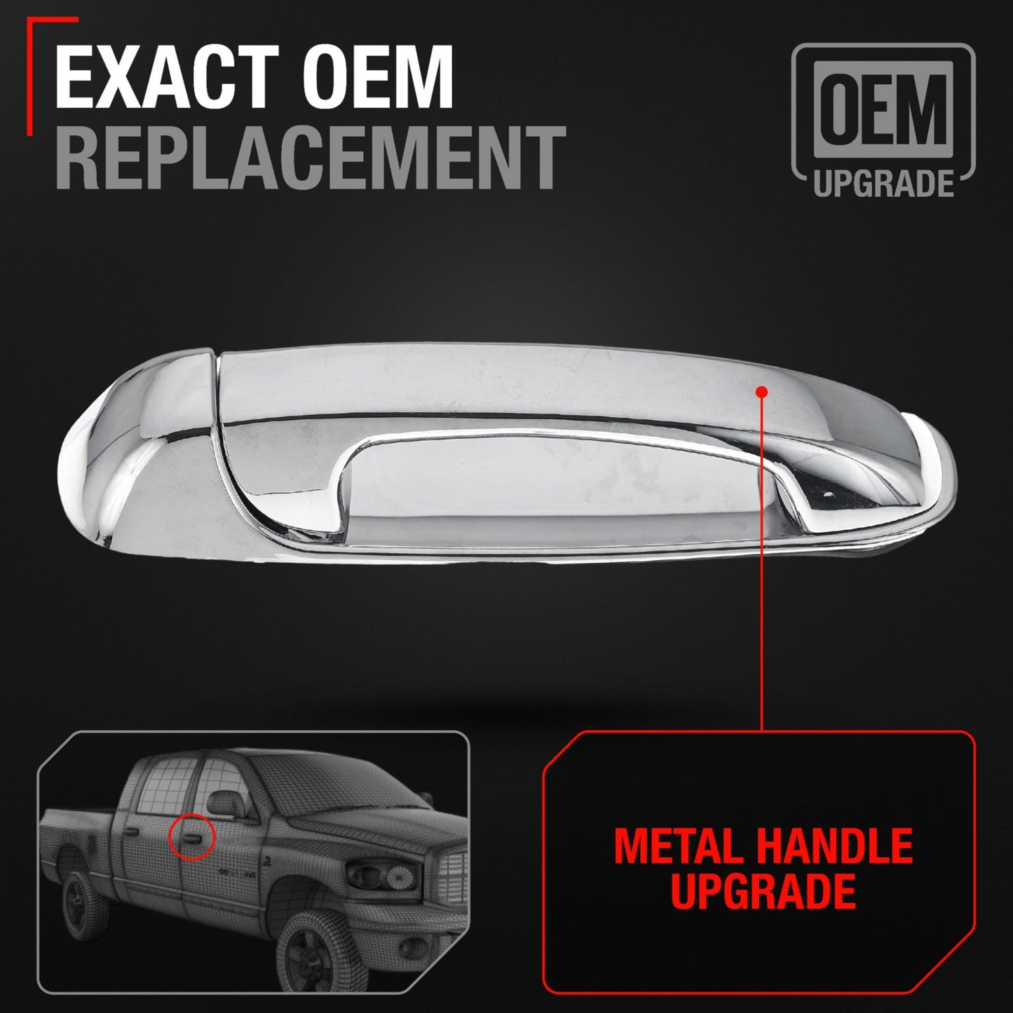 2002-2009 Dodge Ram 1500 2500 3500 4500 5500; 2005-2010 Dodge Dakota; 2004-2009 Dodge Durango Exterior Front Passenger Door Handle, Upgraded Metal - All Chrome - Front Passenger Side Handle