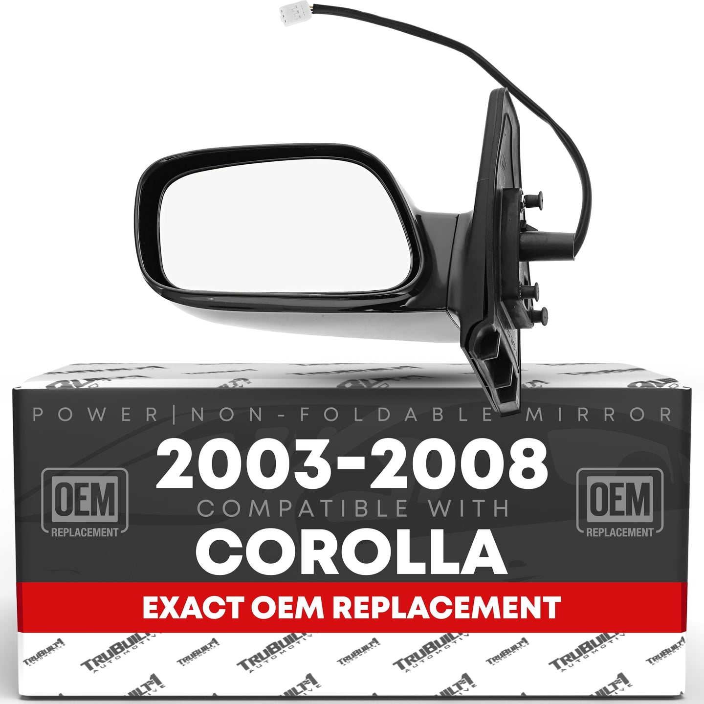 Driver Side Mirror Replacement - Compatible with 2003-2008 Toyota Corolla - Power Adjustment, Non-Foldable, Flat Glass with English Warning - Black, 3H3P - OEM 8794002380, TO1320178, TO1320179 - Driver Side Mirror