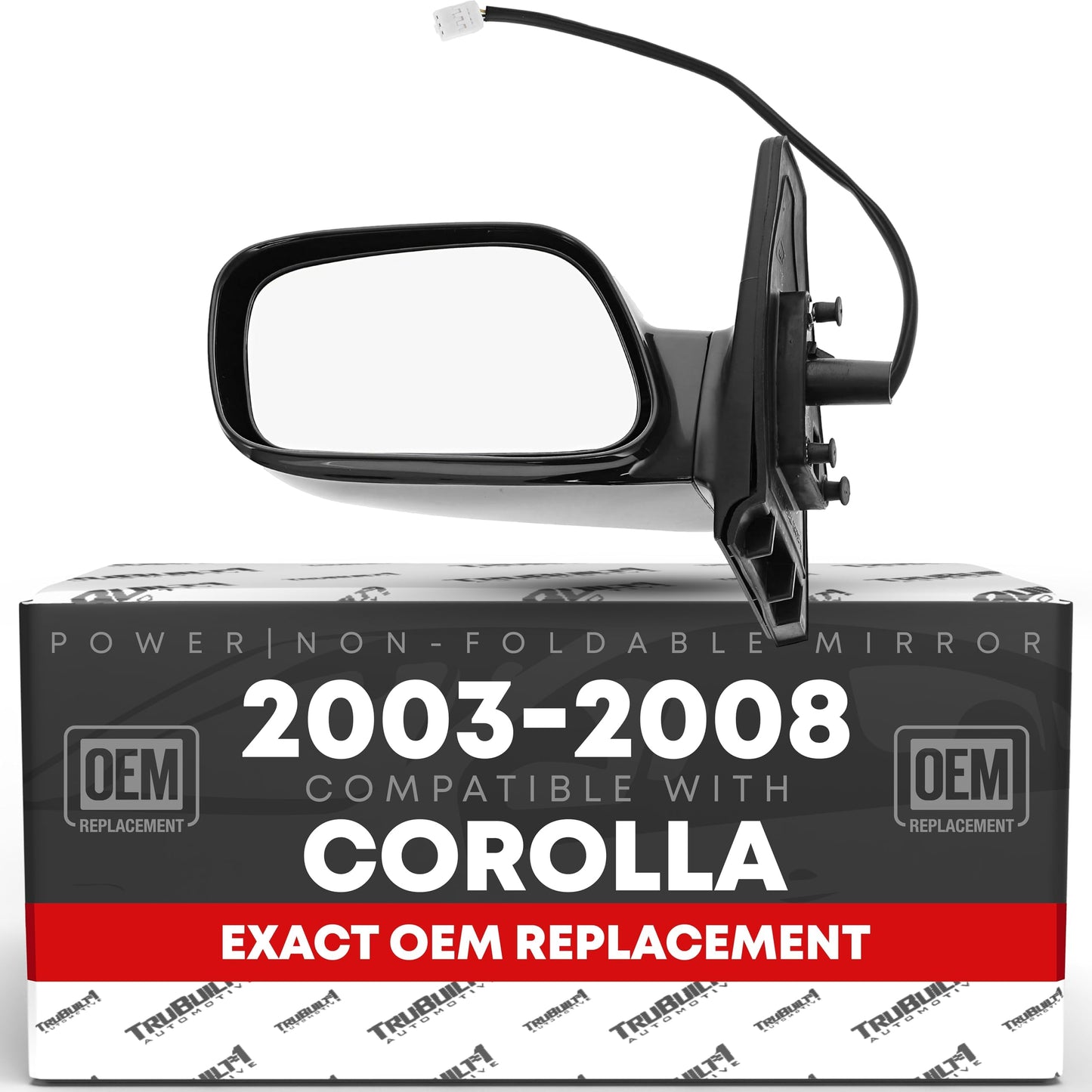 Driver Side Mirror Replacement - Compatible with 2003-2008 Toyota Corolla - Power Adjustment, Non-Foldable, Flat Glass with English Warning - Black, 3H3P - OEM 8794002380, TO1320178, TO1320179 - Driver Side Mirror