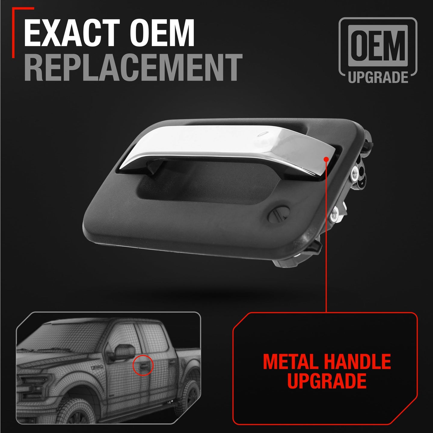 2004-2014 Ford F-150 Lobo Lincoln Mark LT Exterior Front Driver Door Handle, Upgraded Metal - Chrome and Black with Keyhole - Front Driver Handle