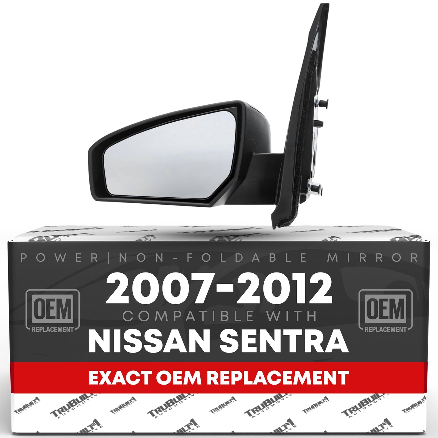 2007-2012 Nissan Sentra Passenger Side Mirror Replacement - Powered Adjustment, Non-Foldable, Convex Glass with English Warning - Black Cover - Passenger Side Mirror