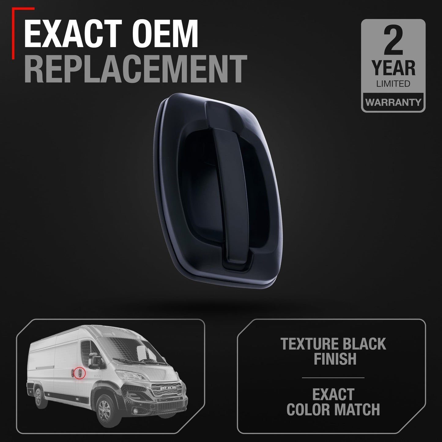 2014-2021 Dodge RAM Promaster 1500 2500 3500 Exterior Front Passenger Door Handle - Textured Black No Keyhole - Front Passenger Handle w/o Keyhole