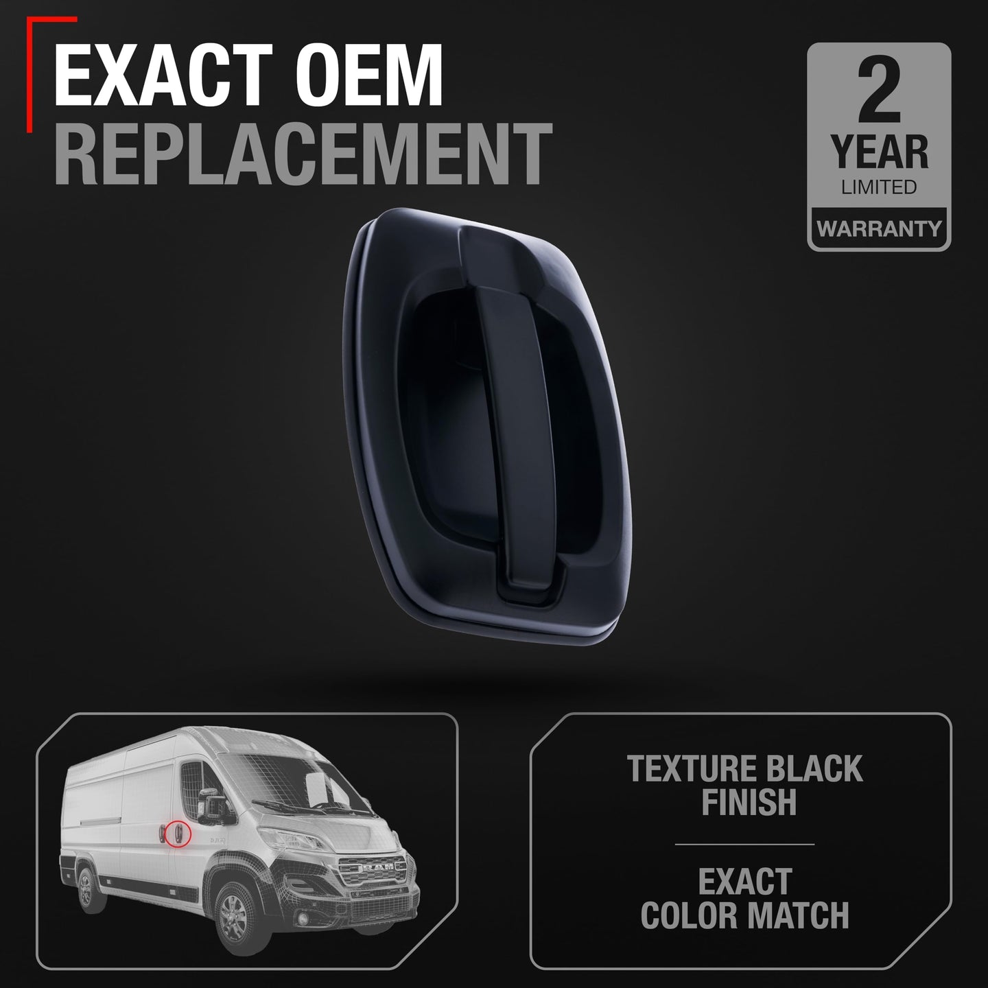 2014-2021 Dodge RAM Promaster 1500 2500 3500 Exterior Front Passenger Door Handle - Textured Black No Keyhole - Front Passenger Handle w/o Keyhole