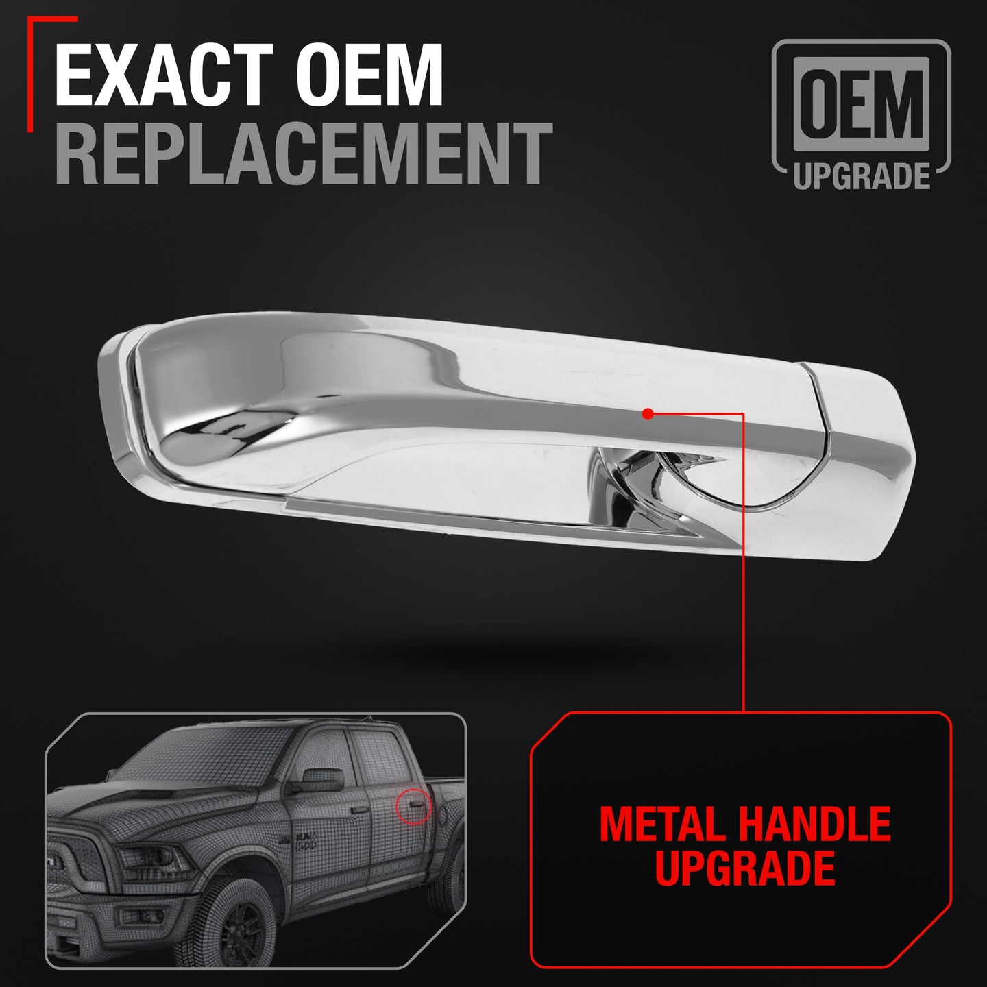 Dodge Ram Rear Driver Door Handle - Chrome Finish Metal Upgrade, Exterior Fit for 1500 2500 3500 4500 5500 - Rear Driver Side Handle
