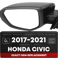 Driver Side Heated Power Side View Mirror - Compatible with 2017-2021 Honda Civic - Power Heated, Manual Folding - Paintable Textured Black Housing - OEM Partslink HO1320297