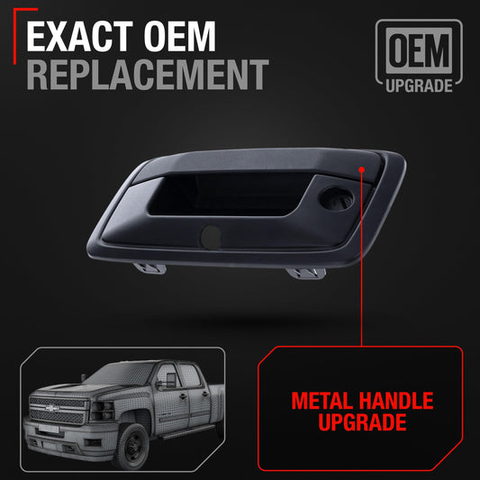 2014-2015 Chevrolet Silverado GMC Sierra Tailgate Handle Assembly - Upgraded Metal Liftgate Latch Handle Textured Black with Camera Hole - Black Metal Tailgate