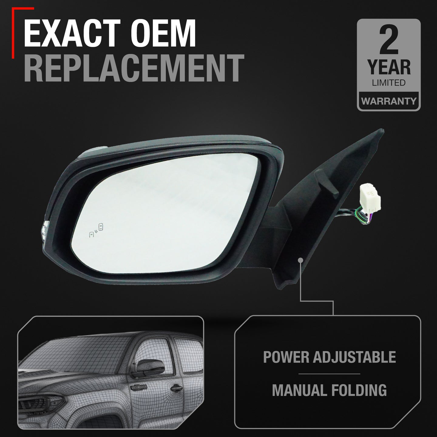 Driver Side Heated Side View Mirror with Integrated Turn Signal - Compatible with 2016-2022 Toyota Tacoma - Power Heated, Turn Signal, Manual Folding - Paintable Smooth Housing - OEM 8794004250-PFM - Driver Side Mirror