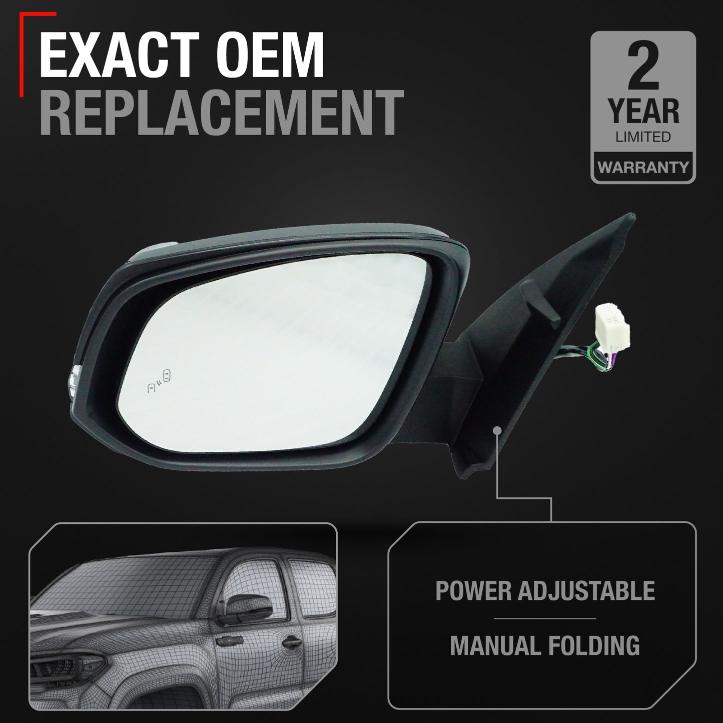 Driver Side Heated Side View Mirror with Integrated Turn Signal - Compatible with 2016-2022 Toyota Tacoma - Power Heated, Turn Signal, Manual Folding - Paintable Smooth Housing - OEM 8794004250-PFM - Driver Side Mirror