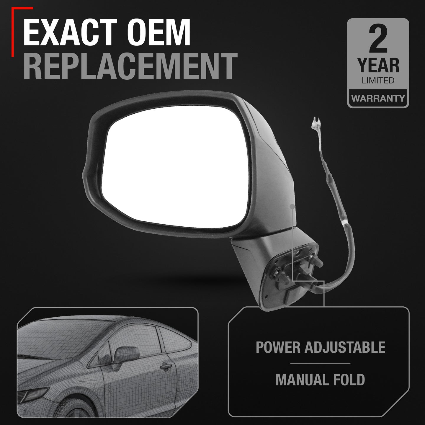 Driver Side Power Adjustable Side View Mirror - Compatible with 2012-2013 Honda Civic - Power Adjust, Non-Heated, Manual Folding - Paintable Textured Black Housing - OEM 76258TR3A01-PFM