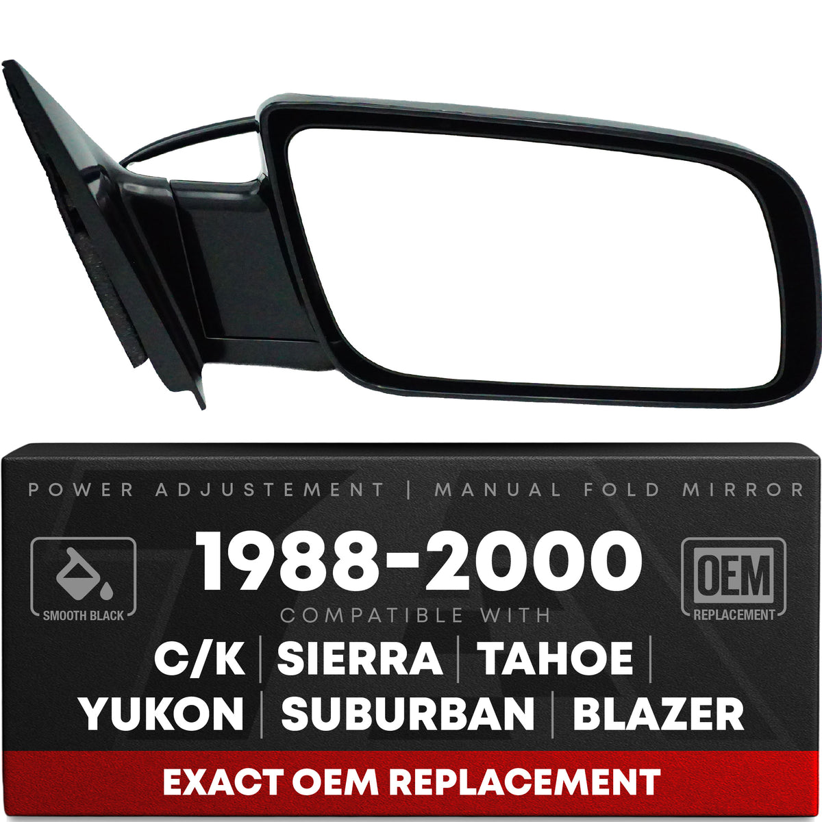 Passenger Side View Mirror - Compatible with 1988-2000 Chevy/GMC C/K Silverado Sierra Suburban Tahoe Yukon Blazer - Power Adjust, Manual Folding - OEM 15764758 - Passenger Side Mirror