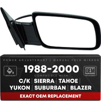 Passenger Side View Mirror - Compatible with 1988-2000 Chevy/GMC C/K Silverado Sierra Suburban Tahoe Yukon Blazer - Power Adjust, Manual Folding - OEM 15764758 - Passenger Side Mirror