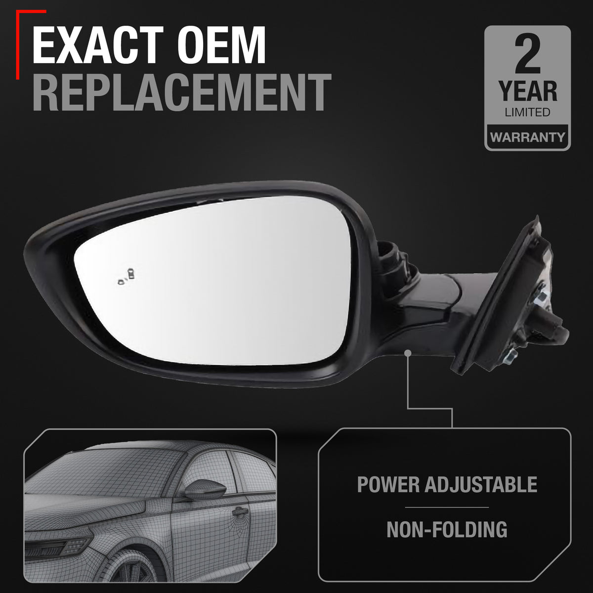Driver Side Power Side View Mirror with Integrated Turn Signal - Compatible with 2023-2025 Honda Accord - Power Adjust, Turn Signal, Manual Folding - Paintable Textured Black - OEM 76258-30B-A01 - Driver Side Mirror
