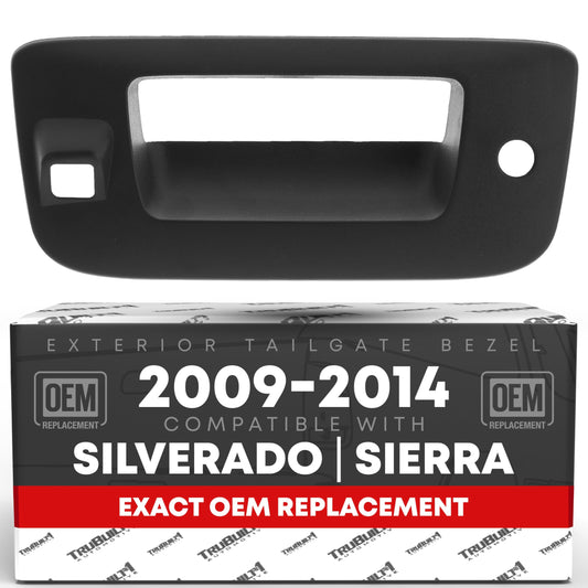 Tailgate Handle Bezel With Key Hole, Camera Hole - Compatible with 2009-2014 Cheverolet Silverado; GMC Sierra 1500 2500 3500 - Textured Black, Plastic - OEM 22755304, 82777