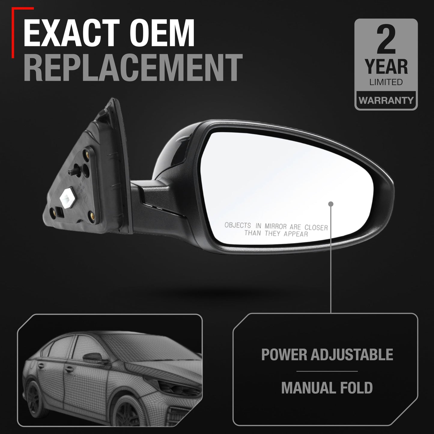 2019-2024 Kia Forte Passenger Side Mirror Replacement Powered Manual Fold Convex Glass Smooth Black - Passenger Side Mirror