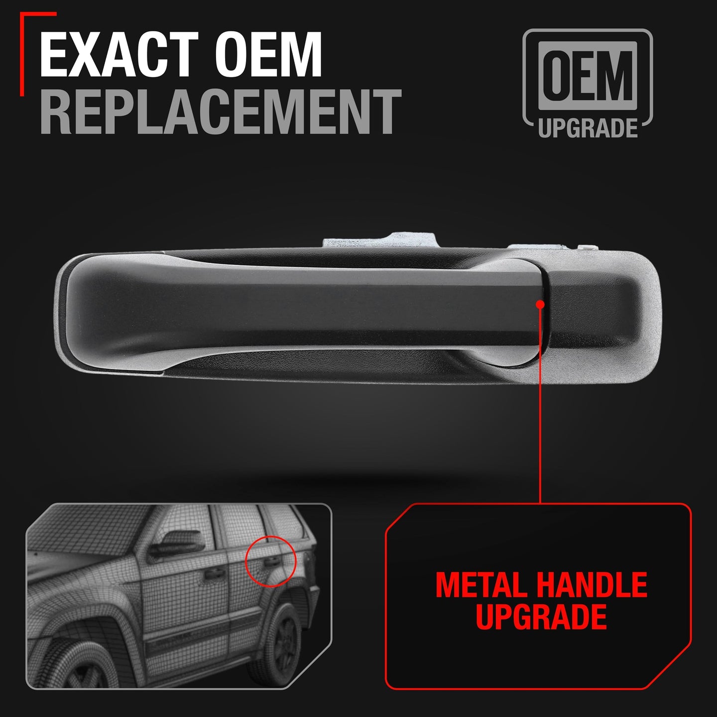 2005-2010 Jeep Commander Cherokee Exterior Rear Driver Door Handle, Upgraded Metal - Textured Black with Keyhole - Rear Driver Handle