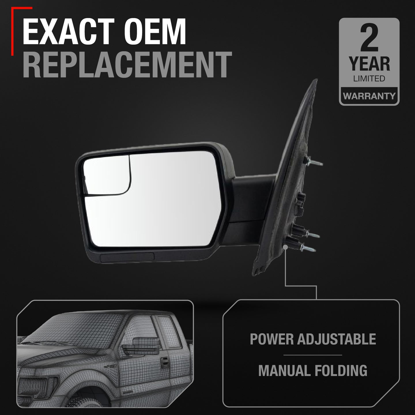 Driver Side Power Side View Mirror with Blind Spot Detection - Compatible with 2011-2014 Ford F-150 - Power Adjust, Blind Spot Detection, Manual Folding - Textured Black Housing - OEM BL3Z17683BA