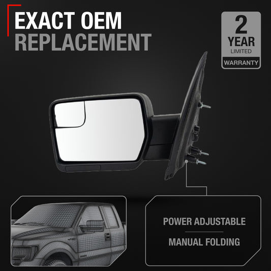 Driver Side Power Side View Mirror with Blind Spot Detection - Compatible with 2011-2014 Ford F-150 - Power Adjust, Blind Spot Detection, Manual Folding - Textured Black Housing - OEM BL3Z17683BA
