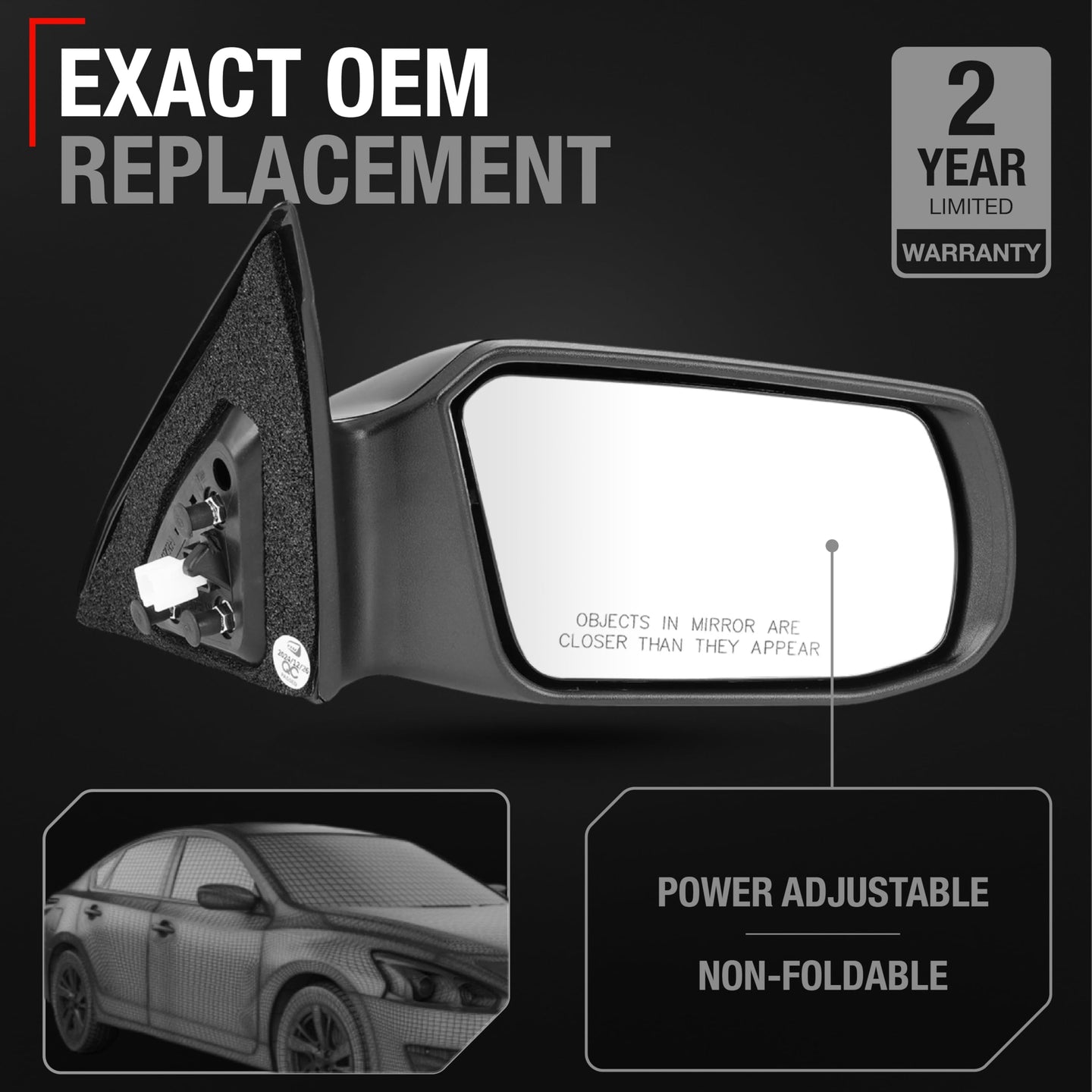 2007-2012 Nissan Altima Sedan Passenger Side Mirror Replacement Powered Adjustment Non-Foldable Convex Glass Smooth Black - Passenger Side Mirror