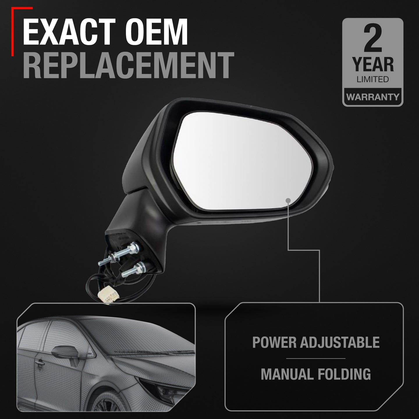 Passenger Side Heated Side View Mirror with Integrated Turn Signal - Compatible with 2020-2024 Toyota Corolla - Power Heated, Turn Signal, Manual Folding - Paintable Textured Black - OEM 8791012F80 - Passenger Side Mirror