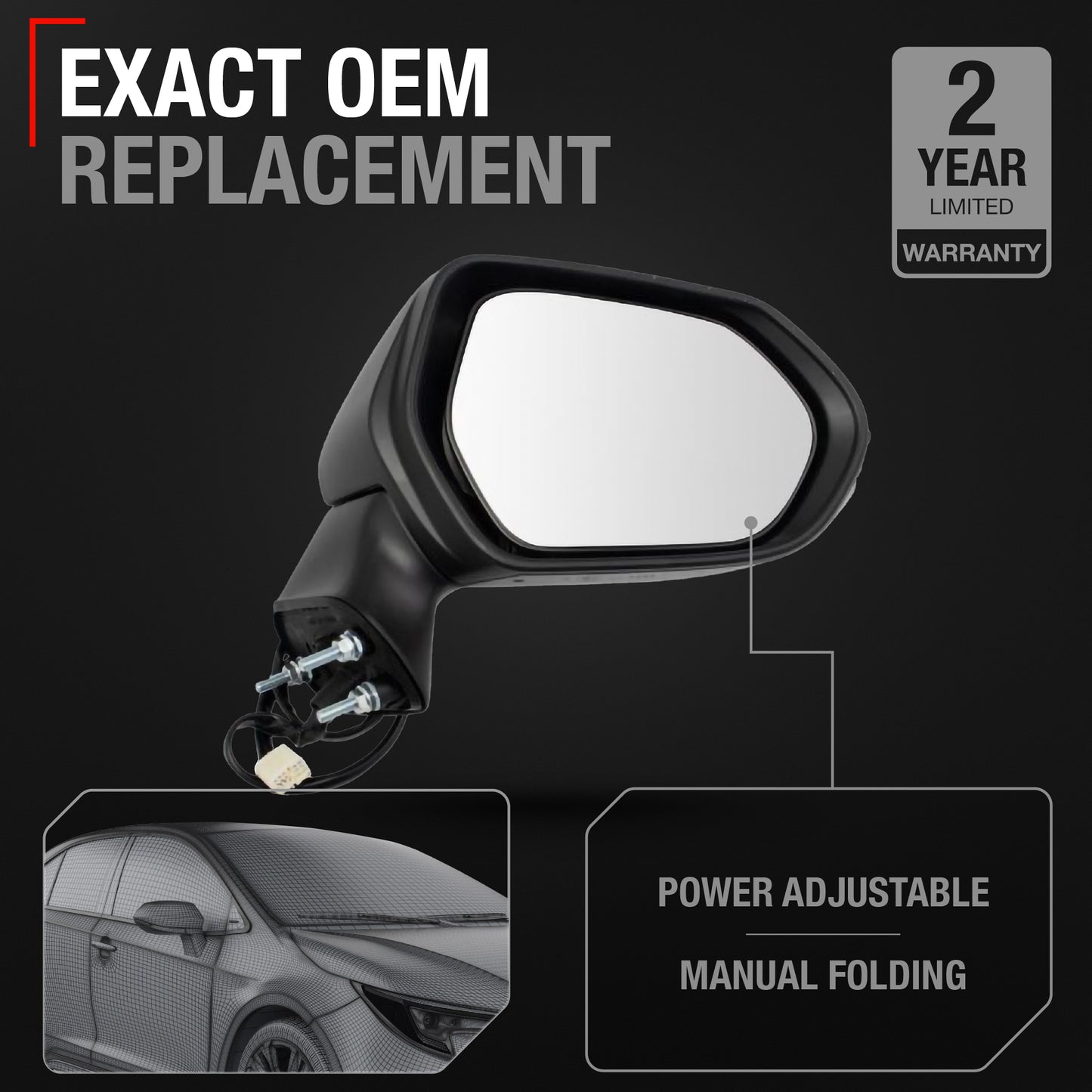 Passenger Side Heated Side View Mirror with Integrated Turn Signal - Compatible with 2020-2024 Toyota Corolla - Power Heated, Turn Signal, Manual Folding - Paintable Textured Black - OEM 8791012F80 - Passenger Side Mirror