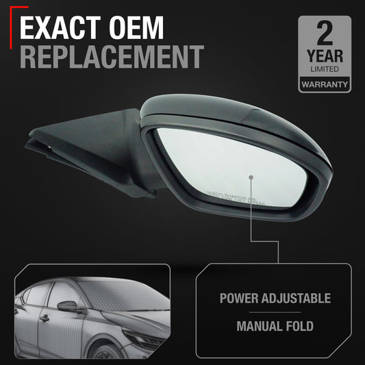Passenger Side Power Adjustable Side View Mirror - Compatible with 2020-2025 Nissan Sentra - Power Adjust, Non-Heated, Manual Folding - Paintable Textured Black Housing - OEM Partslink NI1321326