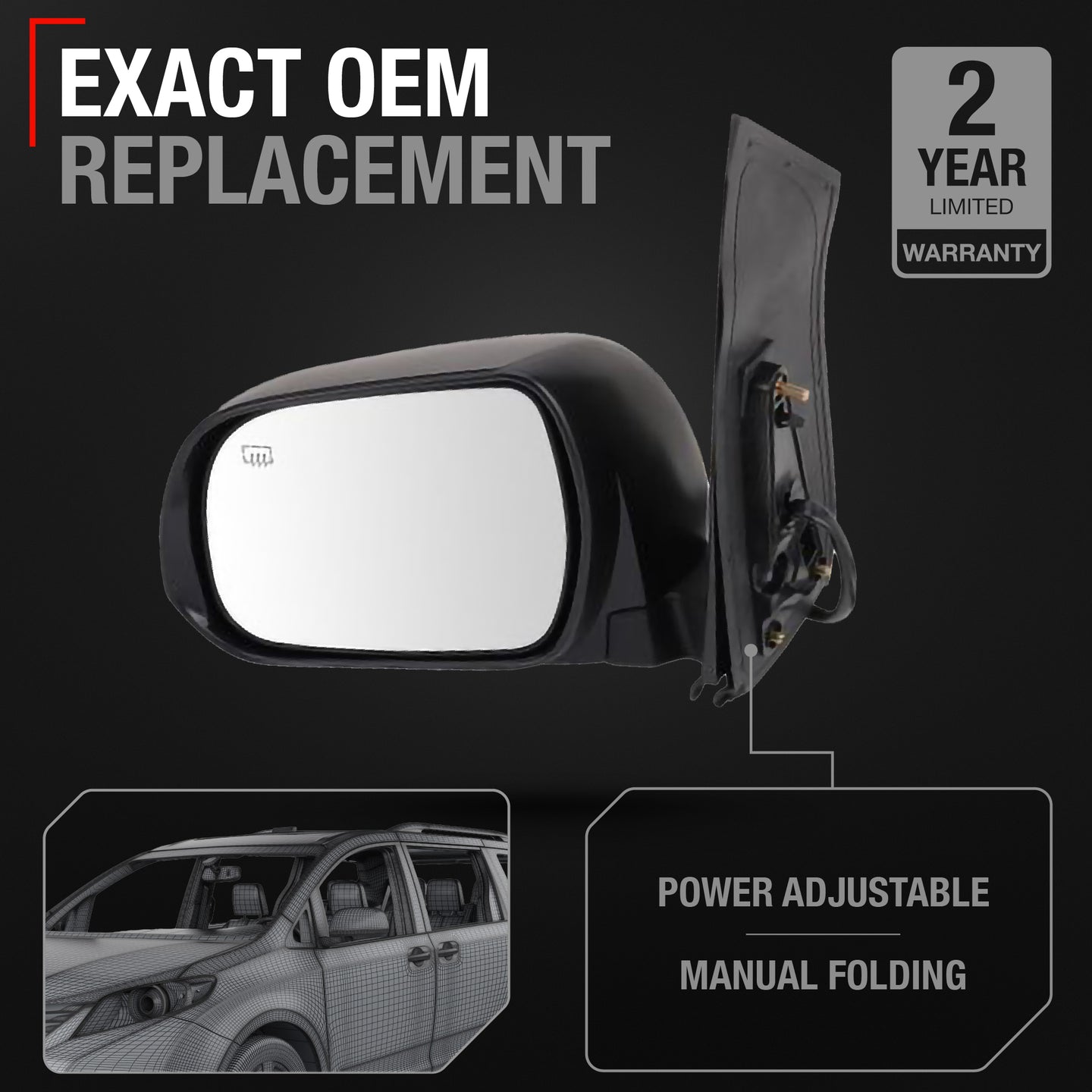 Driver Side Heated Power Side View Mirror - Compatible with 2013-2014 Toyota Sienna - Power Heated, Manual Folding - Paintable Textured Black Housing - OEM 8794008094C0