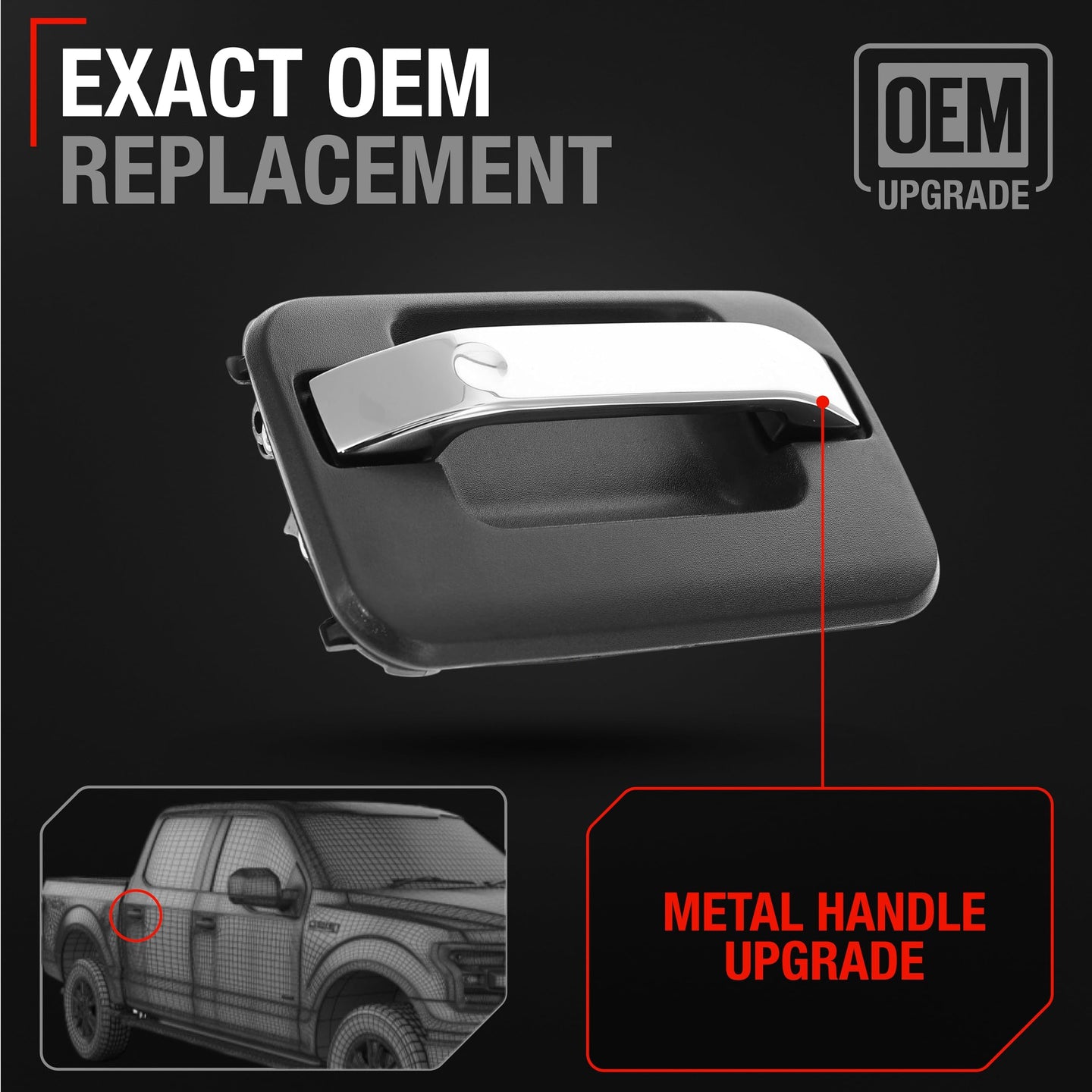 2004-2014 Ford F-150 Lobo Lincoln Mark LT Exterior Rear Passenger Door Handle, Upgraded Metal - Chrome and Black - Rear Passenger Handle