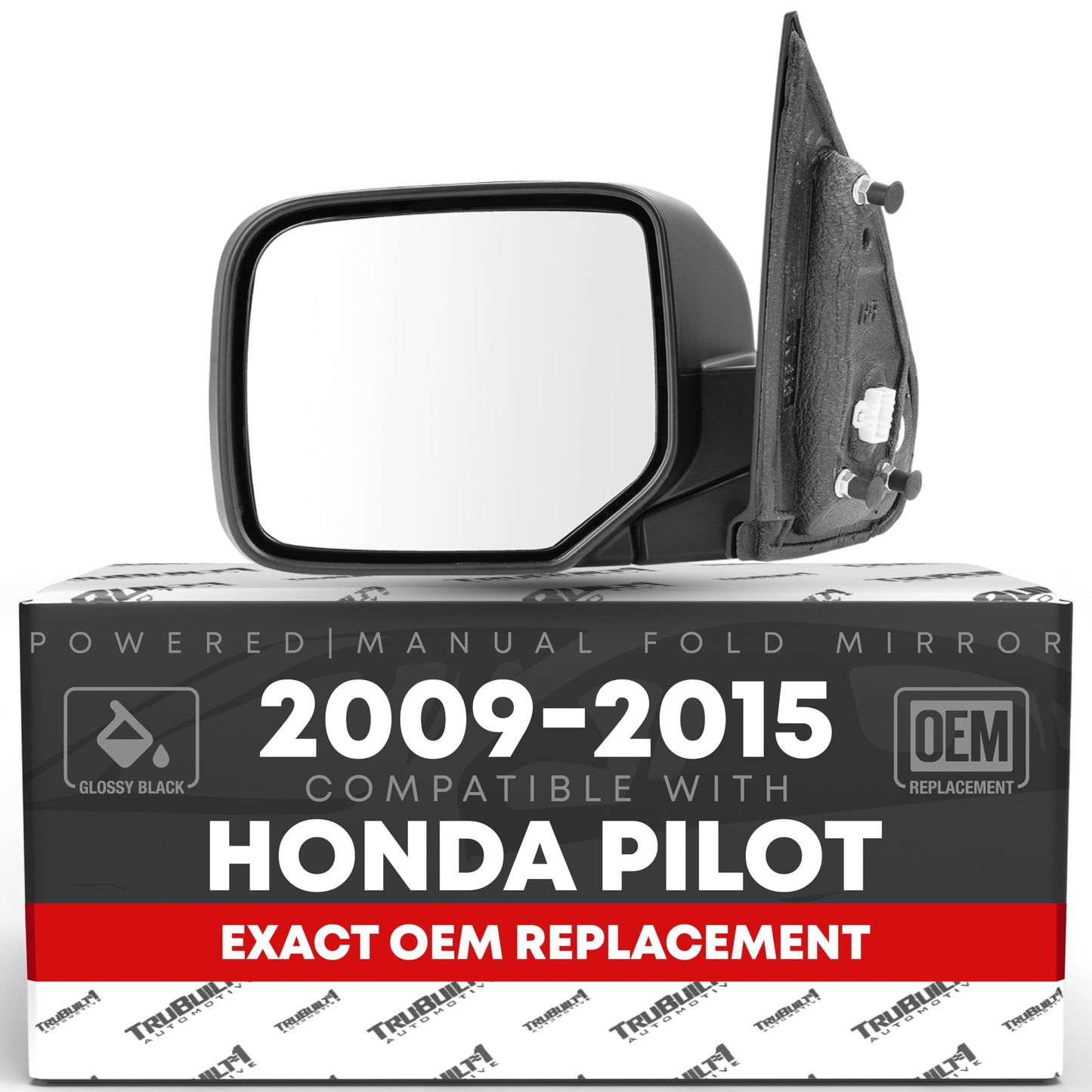 Honda Pilot Driver Mirror Replacement - Heated, Manual Fold, Flat Glass, Smooth Black Housing - Driver Side Mirror