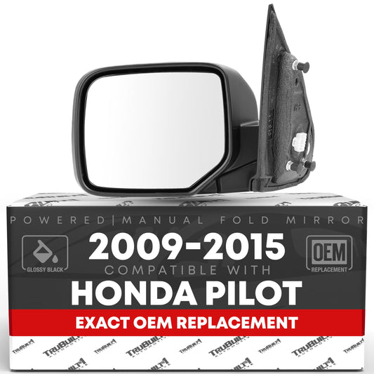 Honda Pilot Driver Mirror Replacement - Heated, Manual Fold, Flat Glass, Smooth Black Housing - Driver Side Mirror