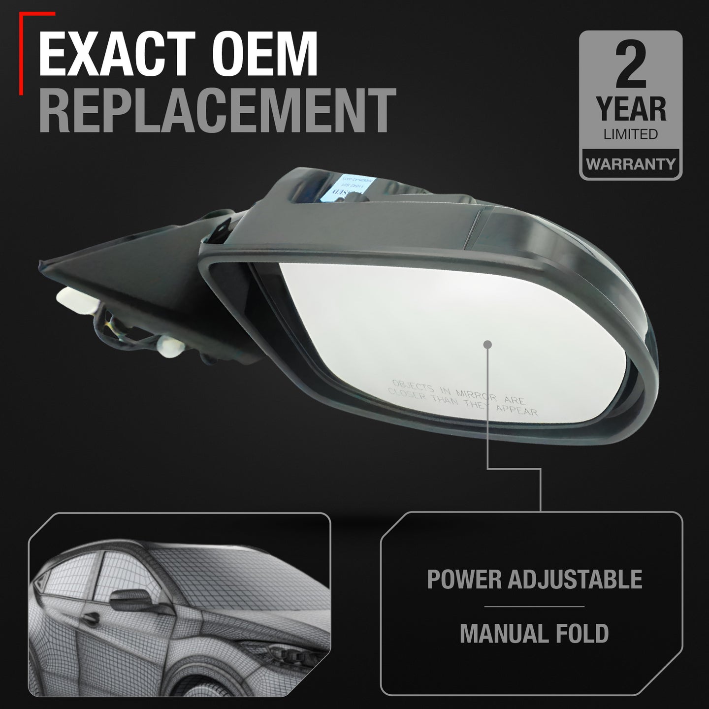 Passenger Side Power Adjustable Side View Mirror - Compatible with 2016-2022 Honda HR-V - Power Adjust, Non-Heated, Manual Folding - Paintable Housing - OEM 76208T7W305