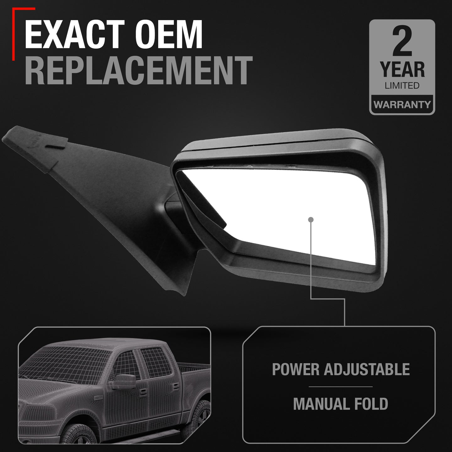 Driver Side Power Adjustable Side View Mirror - Compatible with 2004-2008 Ford F-150 - Power Adjust, Non-Heated, Manual Folding - Textured Black Housing - OEM 8L3Z17683EA - Driver Side Mirror