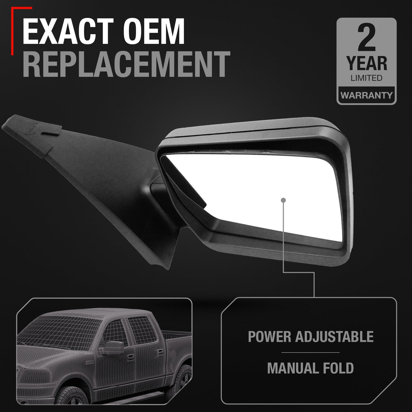 Driver Side Power Adjustable Side View Mirror - Compatible with 2004-2008 Ford F-150 - Power Adjust, Non-Heated, Manual Folding - Textured Black Housing - OEM 8L3Z17683EA - Driver Side Mirror