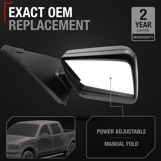 Driver Side Power Adjustable Side View Mirror - Compatible with 2004-2008 Ford F-150 - Power Adjust, Non-Heated, Manual Folding - Textured Black Housing - OEM 8L3Z17683EA - Driver Side Mirror