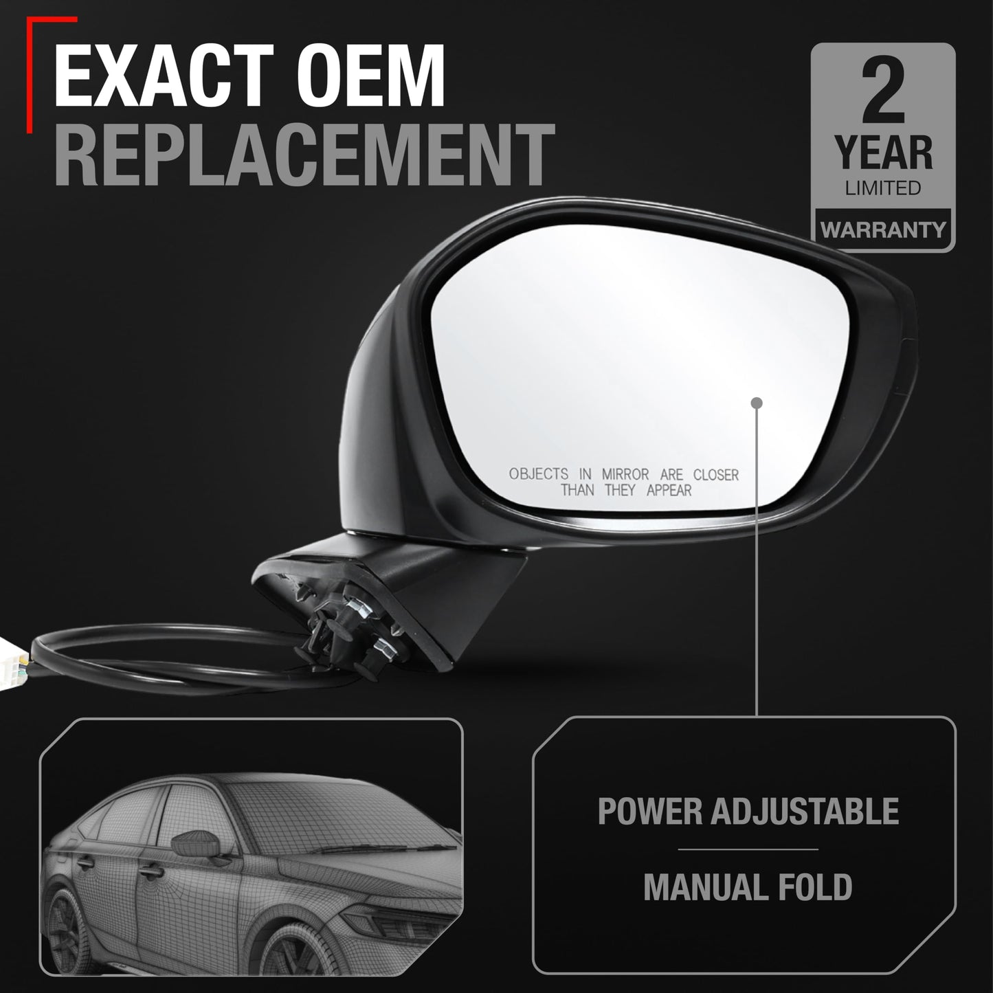 2022-2024 Honda Civic Passenger Side Mirror Replacement Powered Manual Fold Convex Glass Smooth Black - Passenger Side Mirror