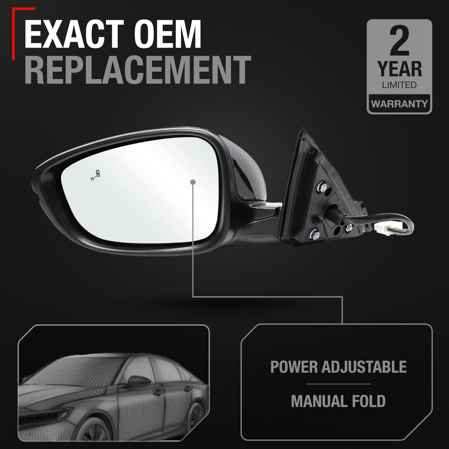 2018-2022 Honda Accord Driver Side Mirror Replacement Powered Manual Fold Heated Turn Signal Flat Glass Smooth Black - Driver Side Mirror