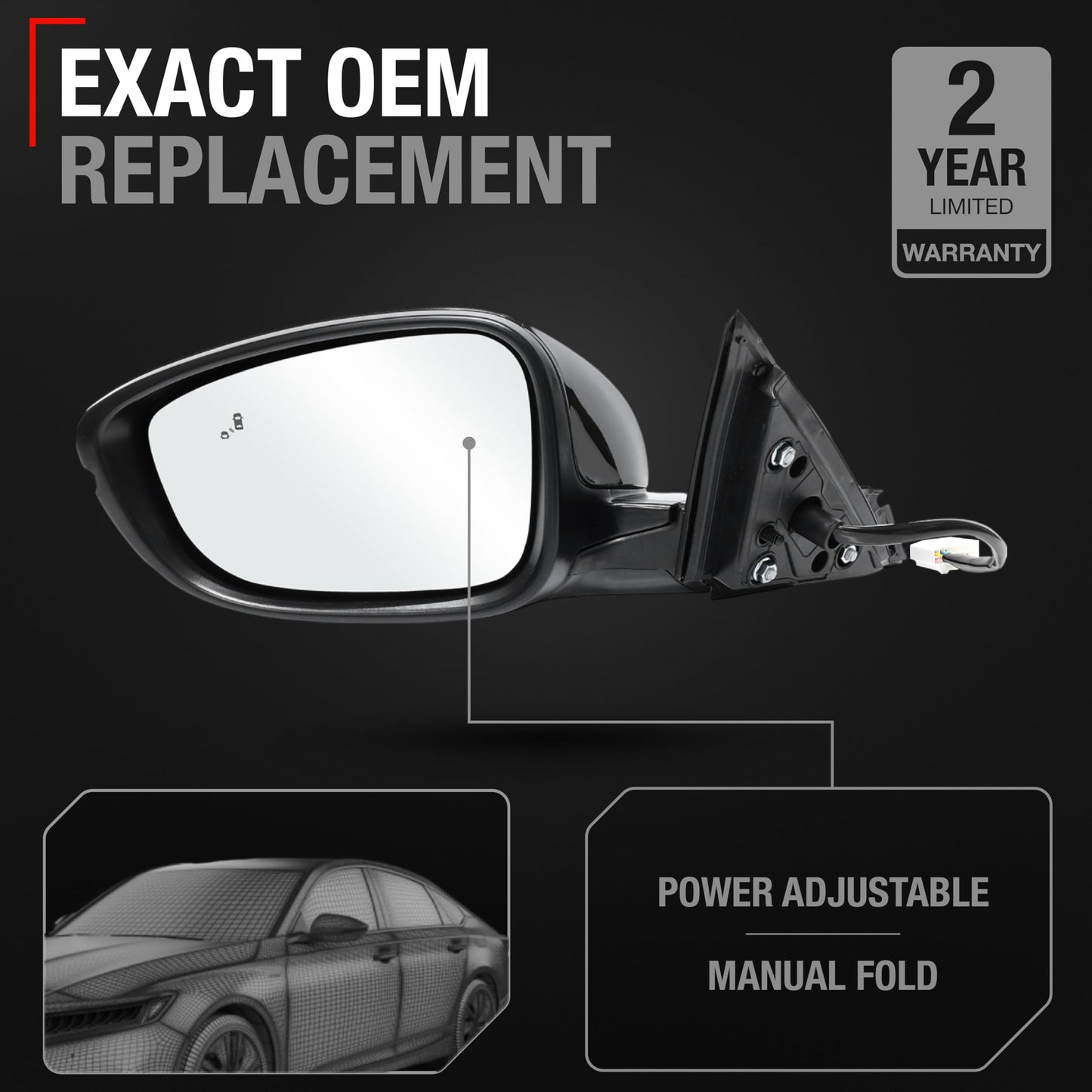 2018-2022 Honda Accord Driver Side Mirror Replacement Powered Manual Fold Heated Turn Signal Flat Glass Smooth Black - Driver Side Mirror