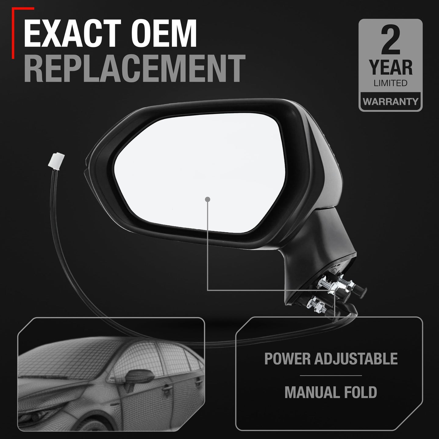 2020-2024 Toyota Corolla Sedan Driver Side Mirror Replacement - Power Adjustment Manual Folding Flat Glass Black - Driver Side Mirror