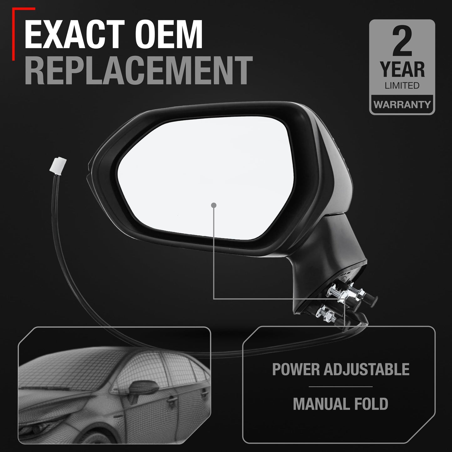 2020-2024 Toyota Corolla Sedan Driver Side Mirror Replacement - Power Adjustment Manual Folding Flat Glass Black - Driver Side Mirror