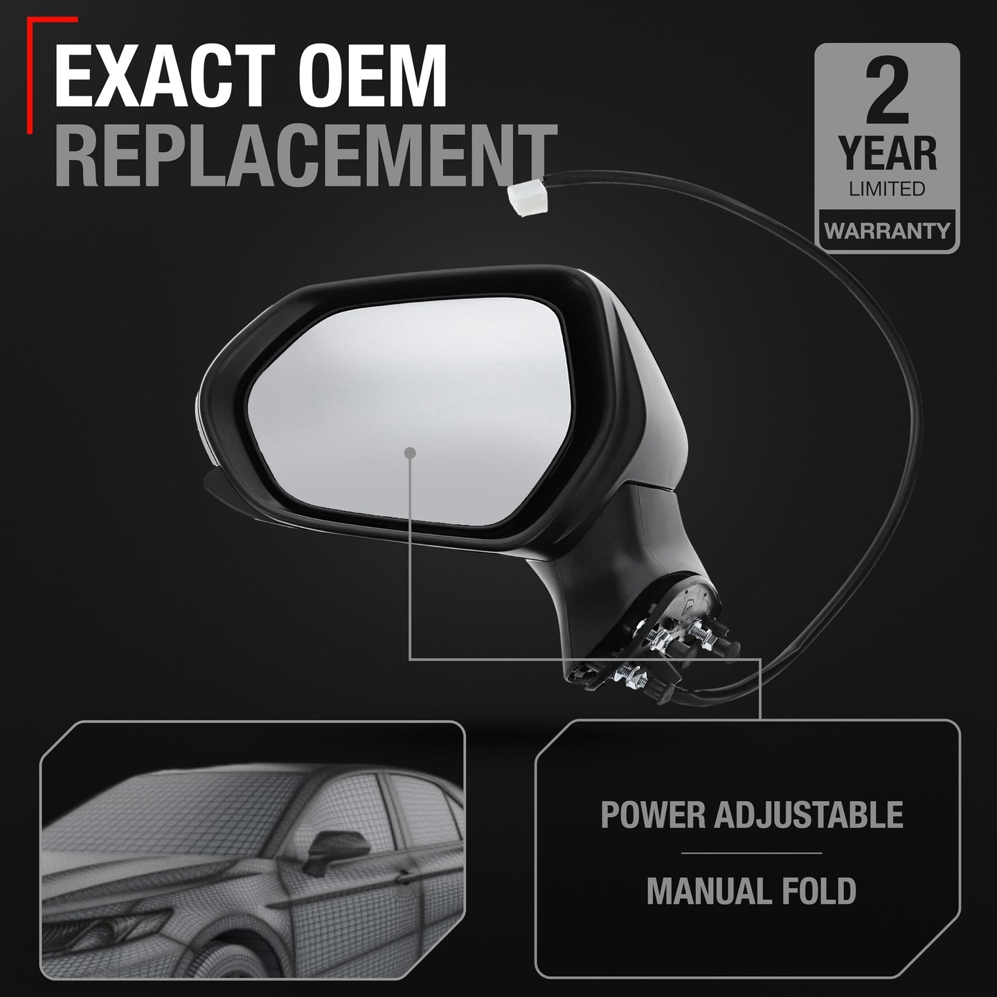 Driver Side Mirror - Compatible with 2018-2024 Toyota Camry - Powered Adjustment, Manual Folding, Flat Glass - Black, 5H3P - OEM 8794006800, TO1320366, TO1320382 - Driver Side Mirror