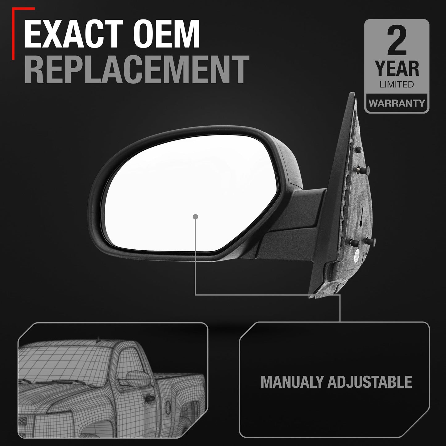 2007-2013 Chevrolet Silverado 1500 2500 3500 HD GMC Sierra 1500 2500 3500 HD Driver Side Mirror Replacement - Manual Flat Glass Textured Black - Driver Side Mirror