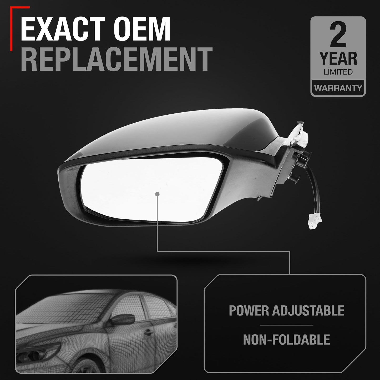2013-2018 Nissan Altima Sedan Driver Side Mirror Replacement - Power Adjustment Non-Foldable Flat Glass Black Cover - Driver Side Mirror