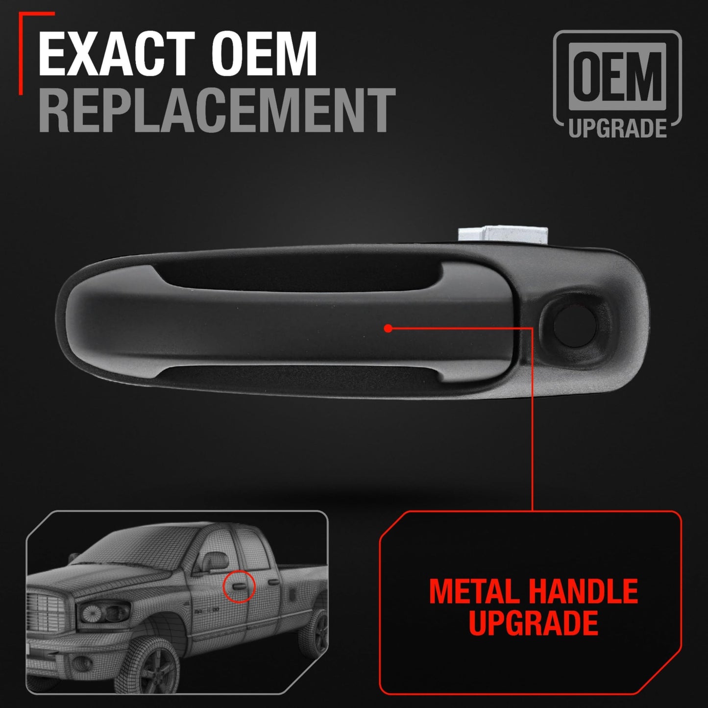 2002-2010 Dodge Ram 1500, 2500, 3500, 4500, 5500; Dakota, Durango; Mitsubishi Raider Exterior Front Driver Door Handle, Upgraded Metal - Textured Black w/ Keyhole - Front Driver Side Handle