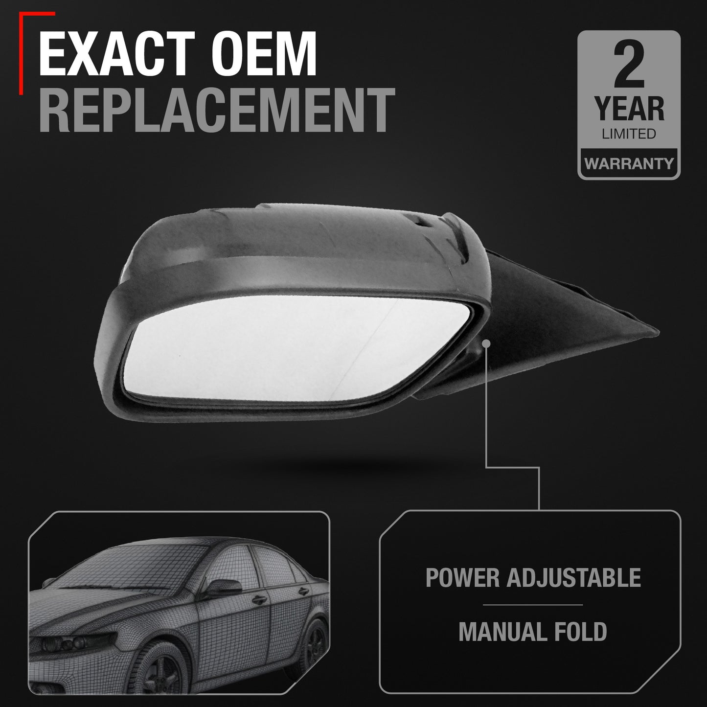 Driver Side Power Adjustable Side View Mirror - Compatible with 2003-2007 Honda Accord - Power Adjust, Non-Heated, Manual Folding - Paintable Textured Black Housing - OEM 76250SDAA13ZA - Driver Side Mirror