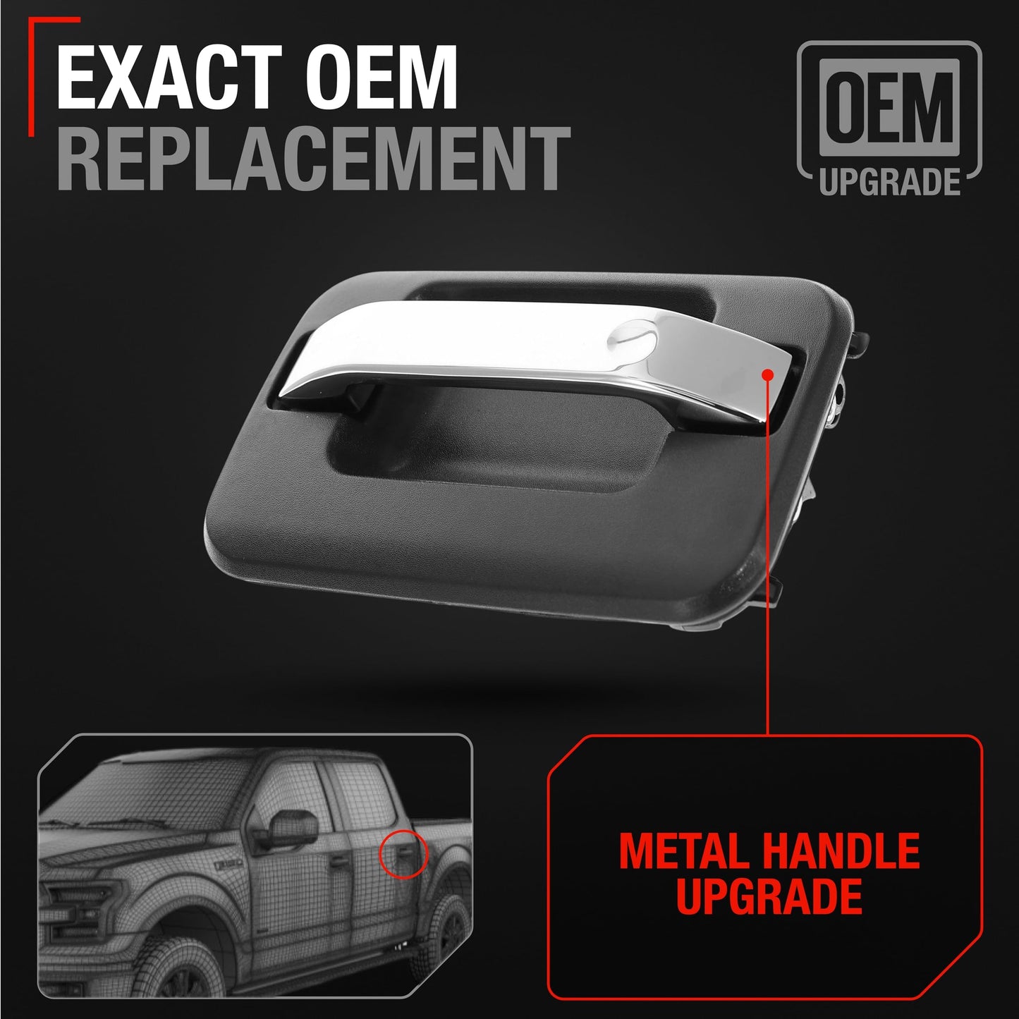 2004-2014 Ford F-150 Lobo Lincoln Mark LT Exterior Rear Driver Door Handle, Upgraded Metal - Chrome and Black - Rear Driver Handle