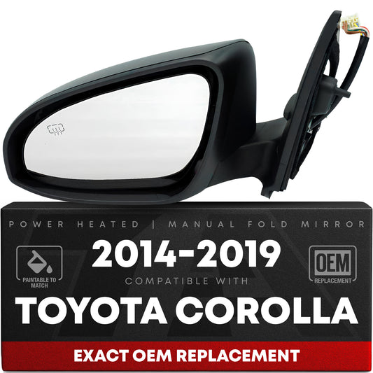 Driver Side Heated Side View Mirror with Integrated Turn Signal - Compatible with 2014-2019 Toyota Corolla - Power Heated, Turn Signal, Manual Folding - Paintable Textured Black - OEM 8794002F51C0 - Driver Side Mirror