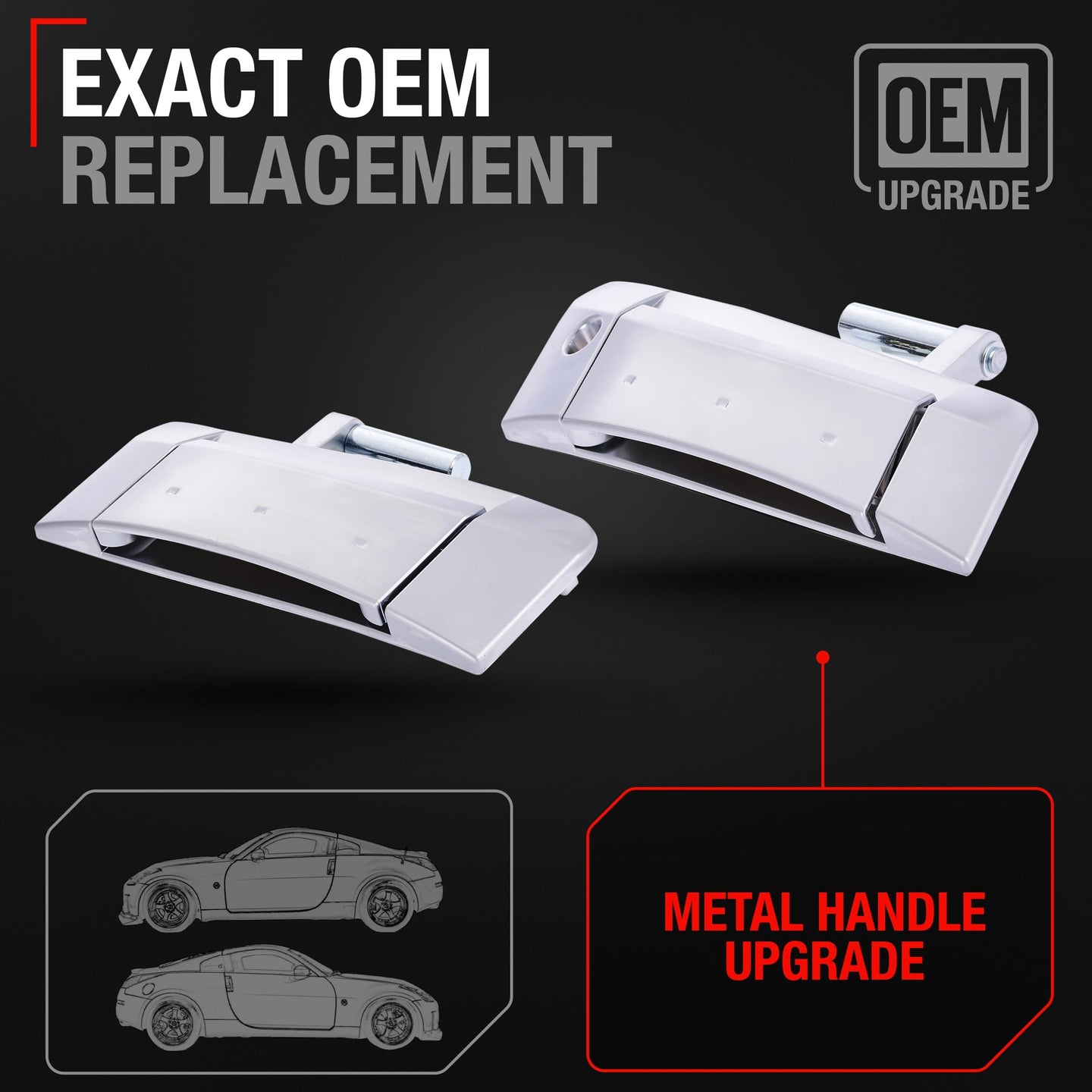 Nissan 350Z Exterior Door Handles, Front Driver & Passenger Set - Satin Chrome (Silver) - Driver + Passenger Side Handle - Silver