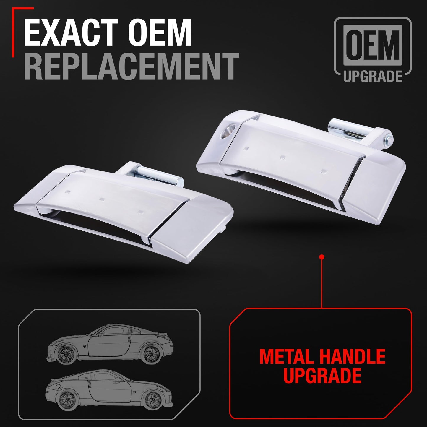 2003-2009 Nissan 350Z Exterior Front Driver and Passenger Door Handle - Satin Chrome - Driver + Passenger Side Handle - Silver